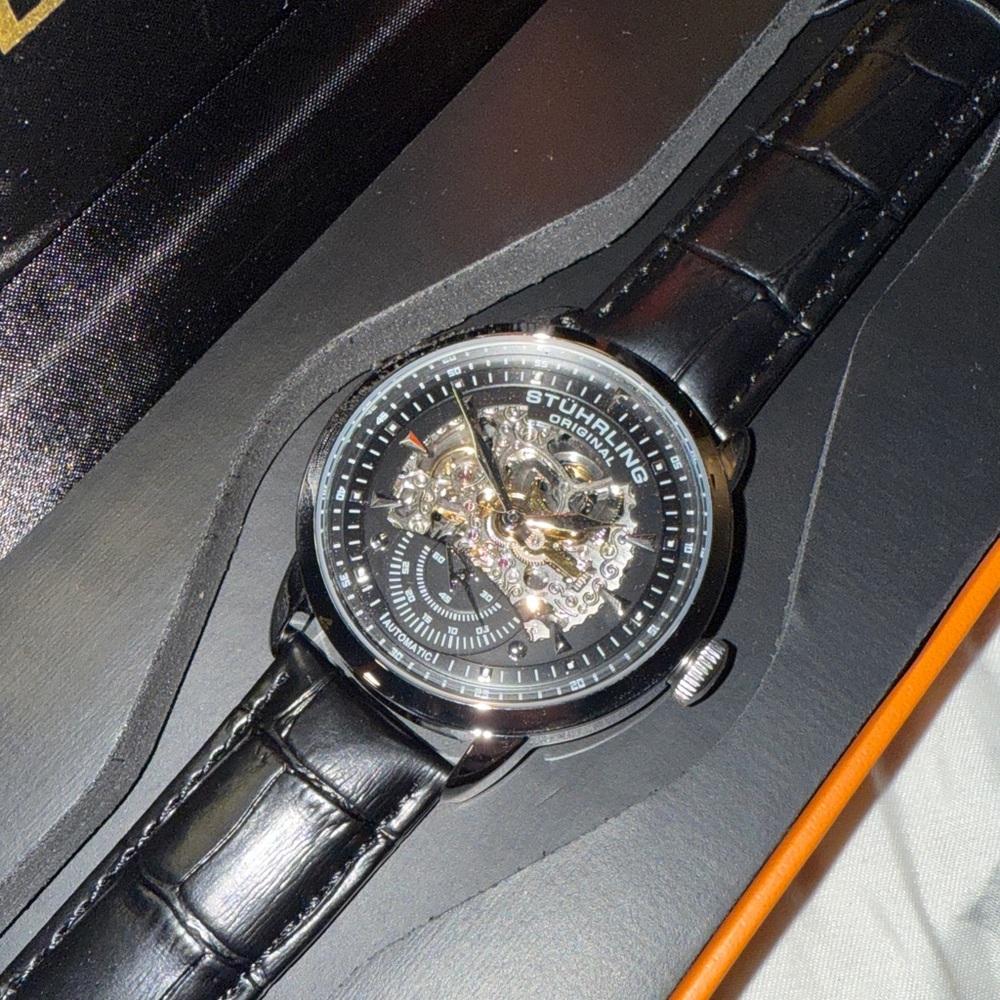 Stuhrling Original Black and Silver Skeleton Watch